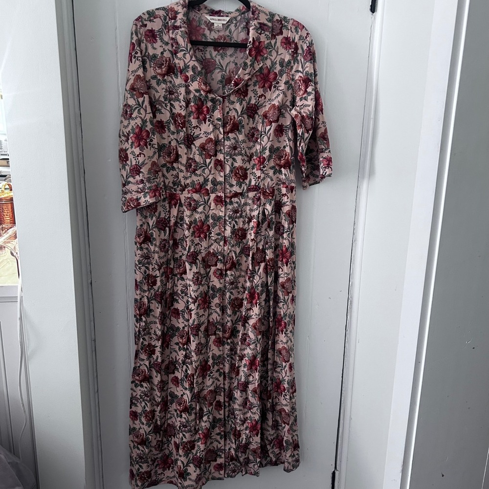 April Cornell Pink Floral Rayon Midi Dress Button Front Back Tie Womens Small